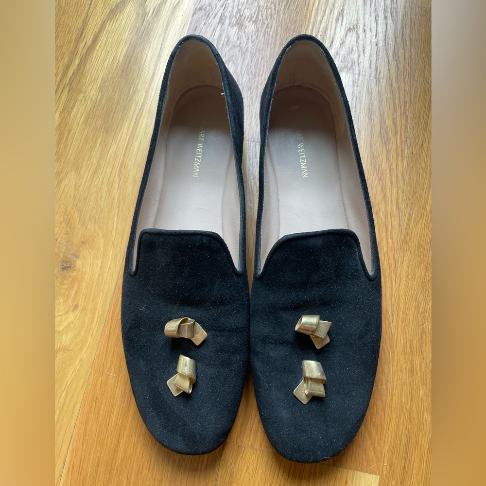 Stuart Weitzman Suede Black Loafers with Gold Details